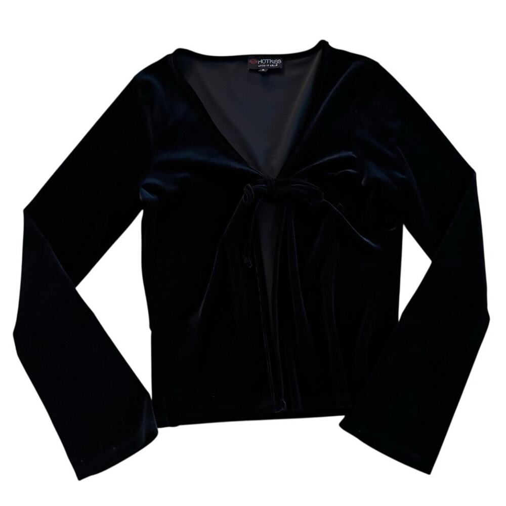 Vintage Y2K Black Velvet Tie Front Bell Sleeve Cardigan Top, Size L, USA Made
